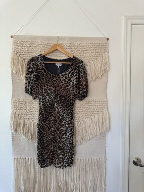 Ganni Ruched Leopard Mesh Mini Dress NWT